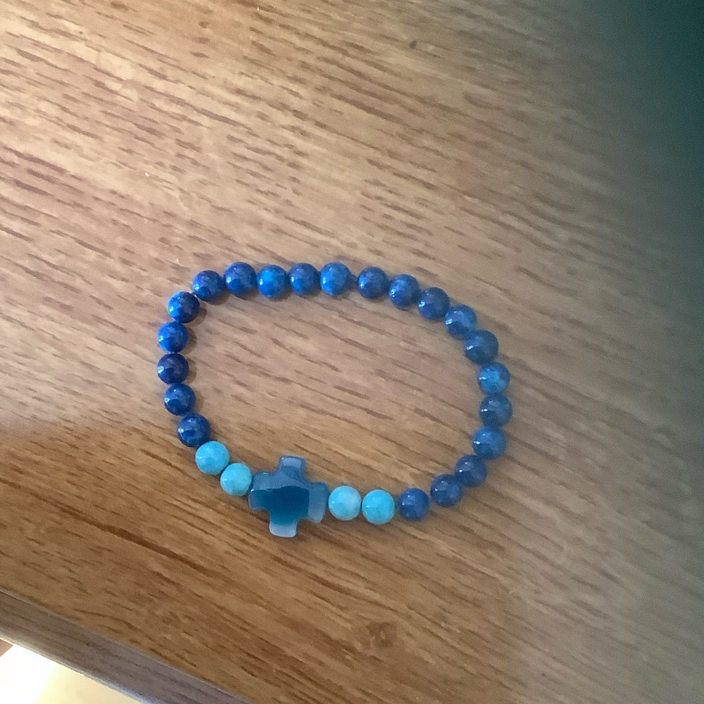 Elegant Blue Beaded Bracelet with Cross Charm